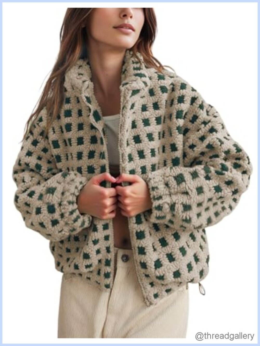 Women Checkered Sherpa Fleece Jacket Zip Up Long Sleeve Fuzzy Coat